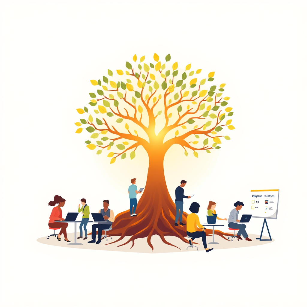 A stylized image representing the core values of Hridaya Infotech: innovation, collaboration, and customer success. The image should feature a central, stylized tree with roots representing business consulting, branches representing digital marketing, and leaves representing software solutions. The tree is bathed in soft, golden sunlight, symbolizing growth and prosperity. Several diverse figures are working around the tree, collaborating on digital devices. The background should be a clean, modern design with subtle geometric patterns. Camera angle: eye-level, creating a sense of connection. Lighting: warm and inviting, highlighting the collaborative atmosphere. Textures: smooth and polished, conveying professionalism. Style reference: flat design illustrations with a touch of realism. Environment: a bright, open workspace. Props: laptops, tablets, and digital whiteboards.
