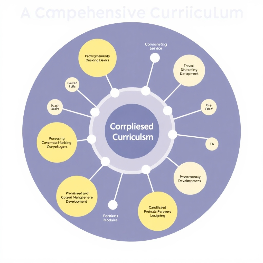 A stylized representation of a comprehensive curriculum, possibly a network of interconnected nodes and pathways representing different learning modules and skills.  The style should be modern and clean, emphasizing the connections and interdependencies between different aspects of leadership development.