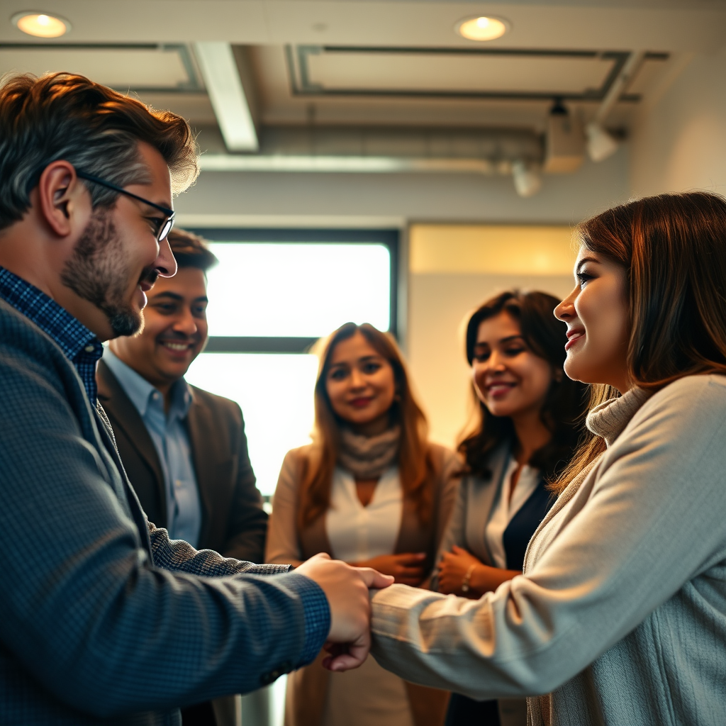 A warm and inviting image depicting a team of professionals attentively listening to and supporting a client. The scene should be brightly lit, with the team members engaged in a thoughtful discussion with the client. The overall tone should be caring and supportive, reflecting Hridaya Infotech's client-centric approach. Camera angle: eye-level, capturing the interaction between the team and the client.