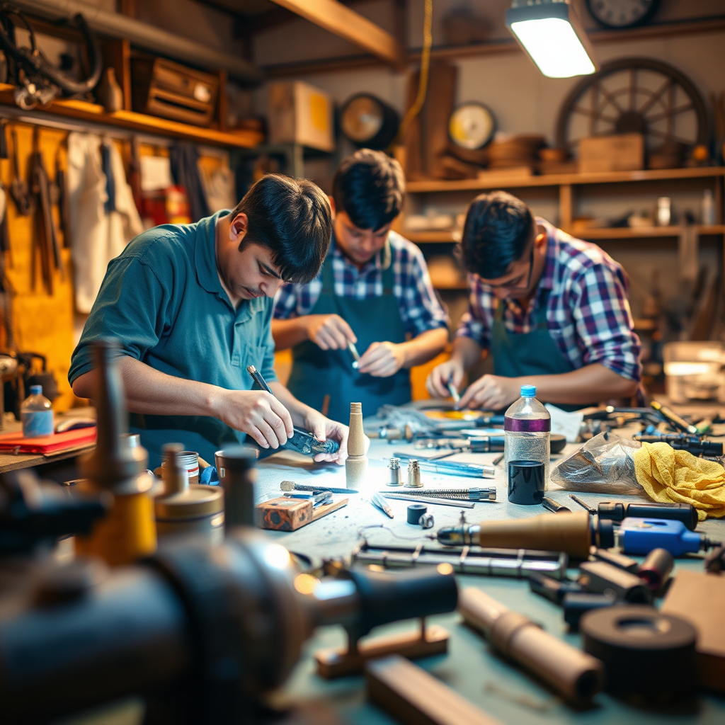 A workshop scene where different tools and components are being carefully assembled to create a unique, customized product. Visualize skilled craftspeople working on the project, paying close attention to detail and precision. The lighting should be warm and inviting, highlighting the craftsmanship. The overall tone should be creative and collaborative, reflecting Hridaya Infotech's commitment to customized solutions. Camera angle: close-up, focusing on the details of the assembly process.