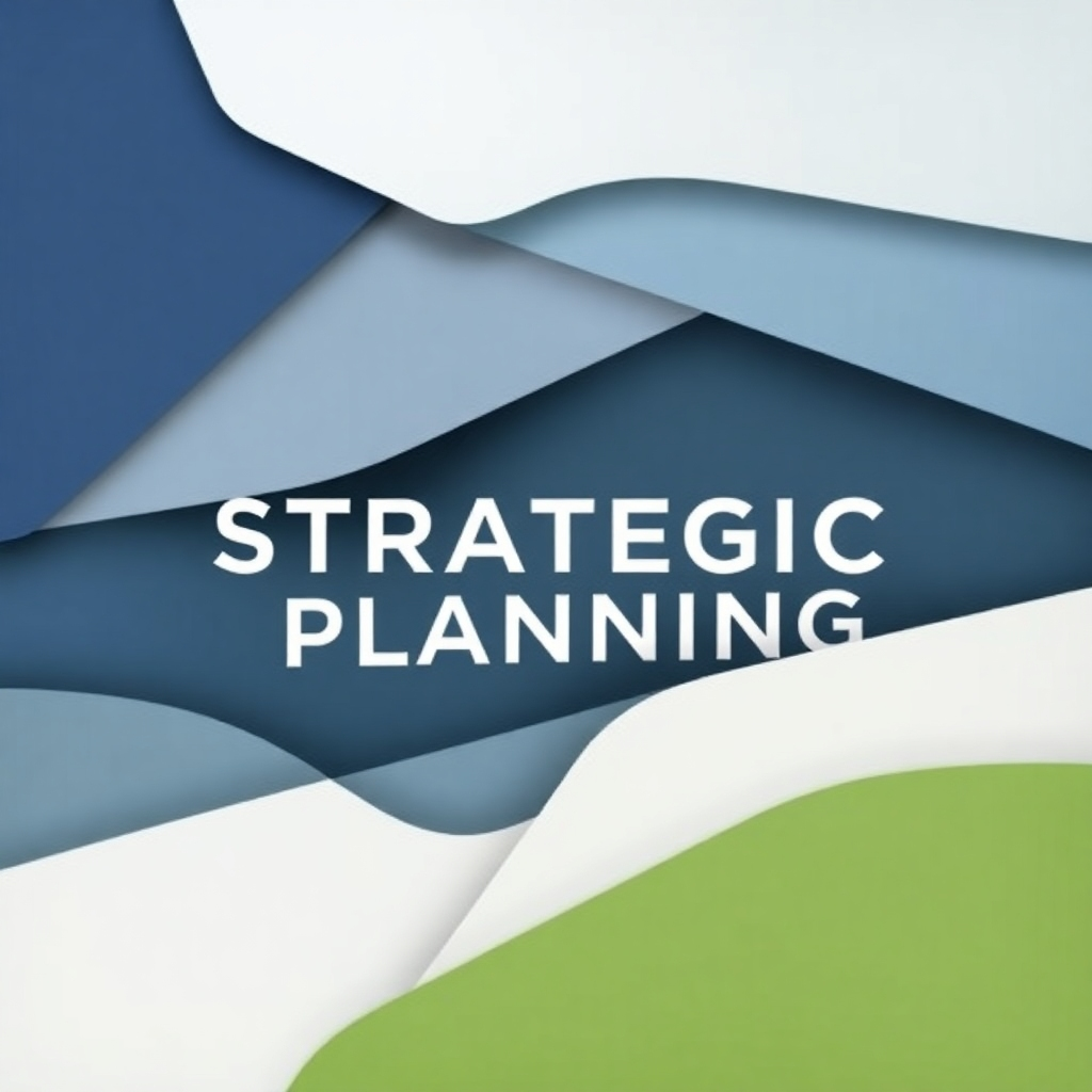 An abstract image representing strategic planning, using shapes and colors to visualize the intricate process of strategic thinking.  Use a mix of geometric and organic shapes to suggest the complex nature of strategy. The color palette should be muted and sophisticated, using shades of blue, gray, and green to convey a feeling of calm and calculated decision-making.