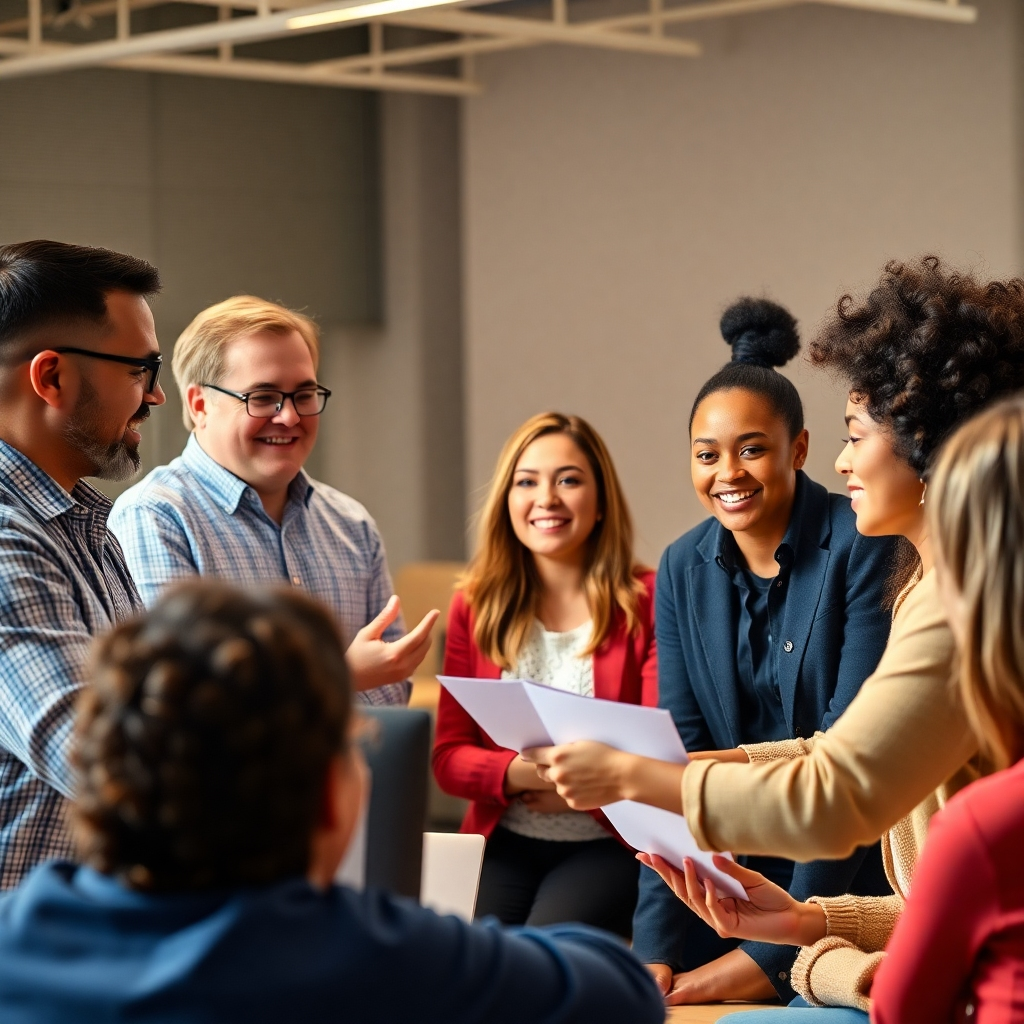 An image showcasing a confident, diverse group of instructors leading a highly engaged group of learners in an interactive training session. The lighting should be bright and warm, creating a positive atmosphere.  Use a photorealistic style, highlighting the interaction and engagement of the participants.