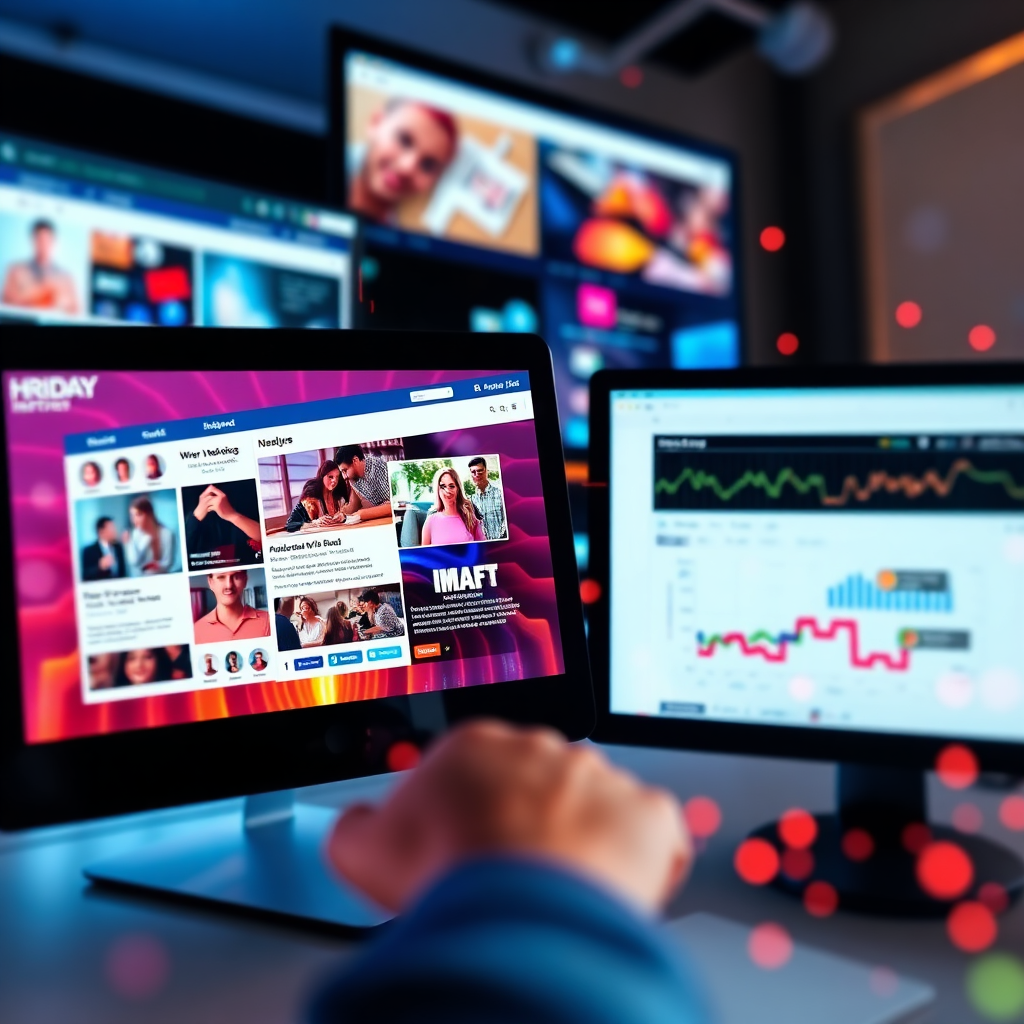 An image showing a dynamic digital marketing campaign in action. Visualize multiple screens displaying various aspects of the campaign: social media posts, email newsletters, and website analytics. The image should be vibrant and engaging, reflecting the energy and effectiveness of Hridaya Infotech's digital marketing services. Camera angle: slightly elevated, offering a comprehensive view of the interconnected digital channels.