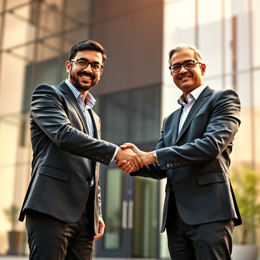 Two business professionals shaking hands in front of a modern office building, symbolizing a strong and successful partnership. The background should be slightly blurred, focusing attention on the handshake. The lighting should be warm and inviting, creating a sense of trust and reliability. The overall tone should be professional and collaborative, reflecting Hridaya Infotech's commitment to strategic partnerships. Camera angle: medium shot, capturing the handshake and the expressions on the faces of the partners.