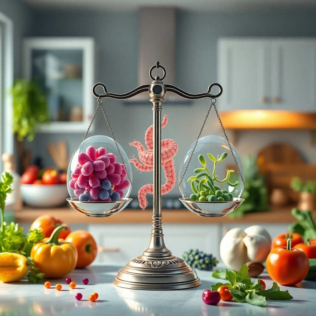 A balanced scale representing gut flora, with colorful probiotic bacteria on one side and harmful bacteria on the other, surrounded by fresh vegetables and digestive health symbols, set in a bright kitchen environment.