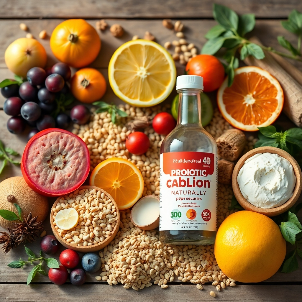 A beautifully arranged flat lay of all-natural ingredients such as fruits, herbs, and grains next to a bottle of Probiotic 40 Billion Naturally. The setting should have a clean, rustic feel with natural light, symbolizing purity and health.