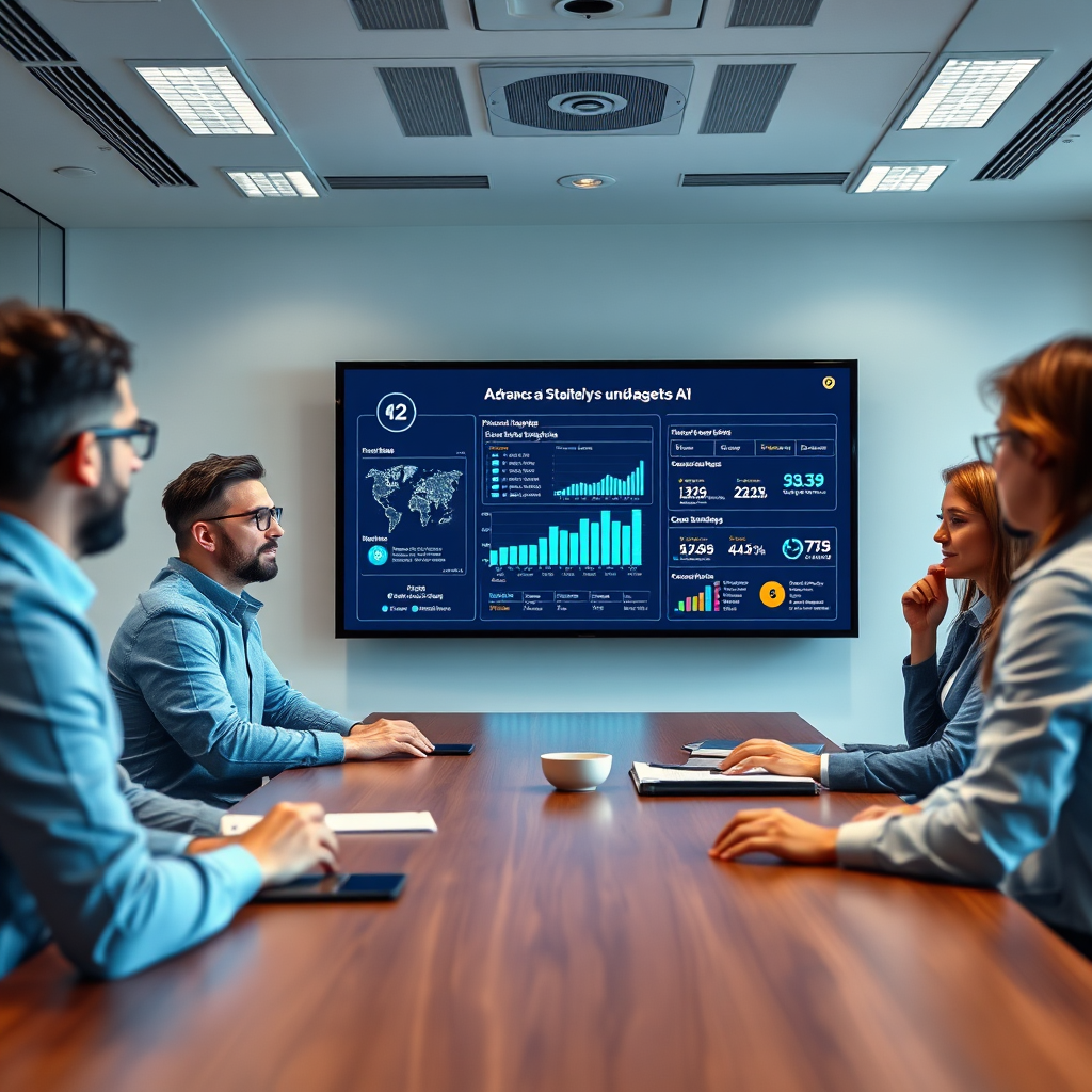 A boardroom scene where an agency team is presenting social media analytics and strategies generated by BuzzAgents AI, displayed on a large interactive screen. The background is a modern, well-lit office. The color palette includes professional blues and grays. Camera angle: eye-level, capturing the team's collaborative spirit and the advanced analytical data.