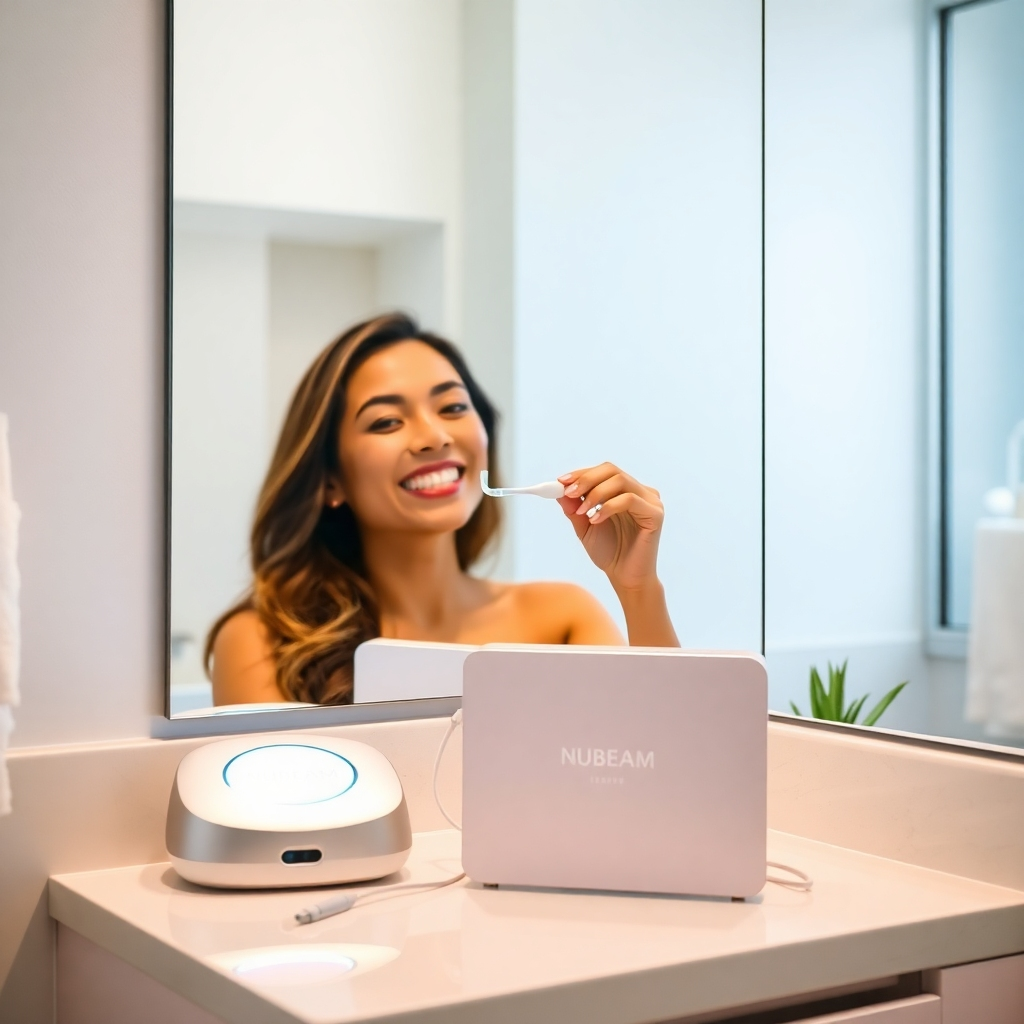 A bright and airy bathroom setting featuring a user-friendly NuBeam kit on a counter, with a person calmly following the instructions while smiling in the mirror. The LED mouthpiece is in use, and the atmosphere conveys a relaxing and effortless teeth whitening experience.