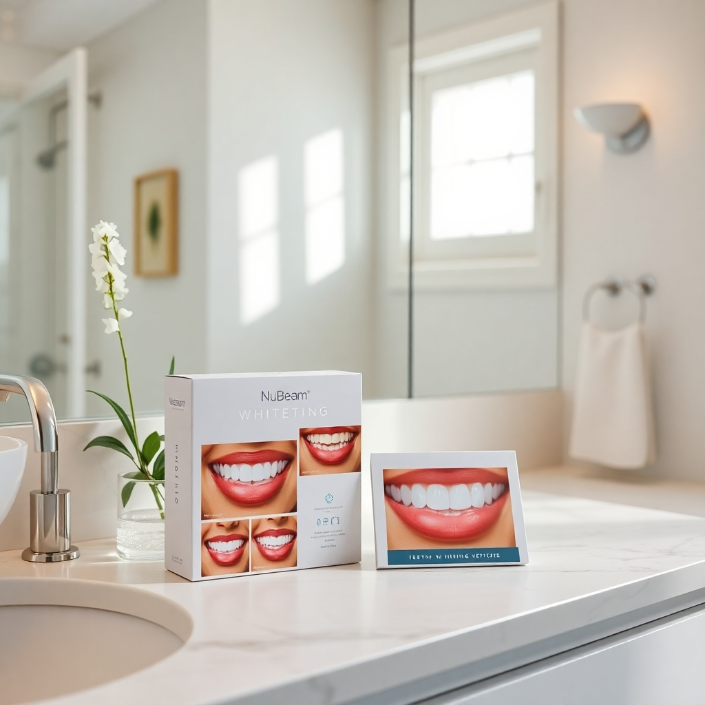 A bright and inviting bathroom setting featuring a modern teeth whitening kit by NuBeam on the counter. The packaging of the kit is elegantly displayed, alongside before-and-after photos showcasing a dramatic transformation of smiles. Soft natural light enhances the freshness of the scene.