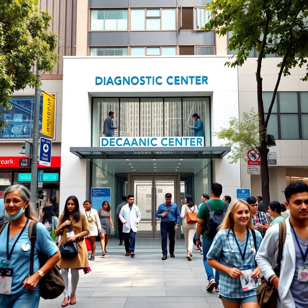 A bustling urban street showing a modern diagnostic scan center. The building has a bright, welcoming facade with large windows. In the foreground, patients of diverse backgrounds are entering the center, with visible city landmarks in the background, showcasing a vibrant city life.