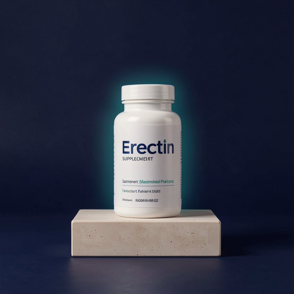 Erectin supplement bottle on a display plinth