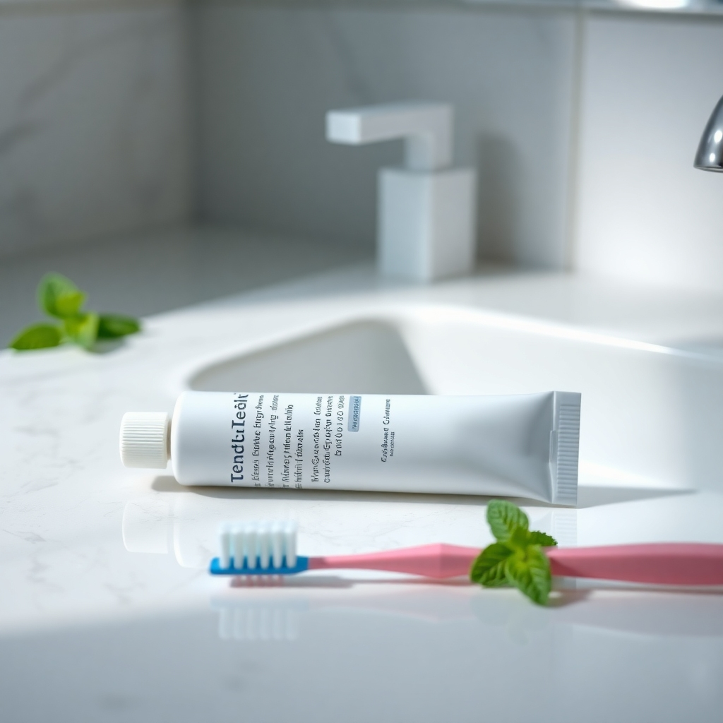 A close-up image of a gentle teeth whitening gel tube next to a toothbrush and dental floss on a serene bathroom countertop. The scene should convey a sense of care and healthiness, with hints of mint leaves to symbolize freshness. Use soft lighting for a clean aesthetic.