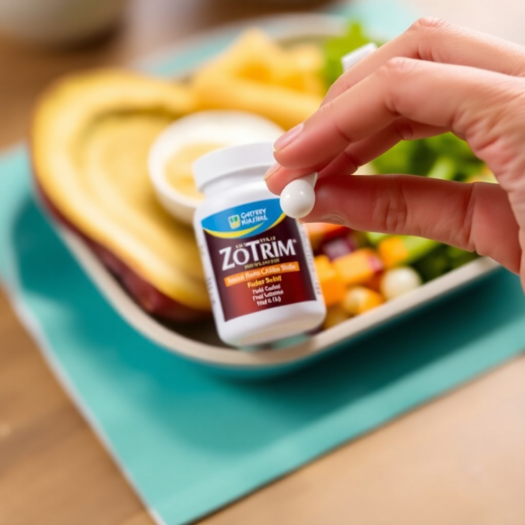  A close-up of a hand holding a Zotrim capsule, with a plate of healthy food in the background, emphasizing the timing of taking the supplement before meals. Bright and vibrant colors to convey a healthy lifestyle.