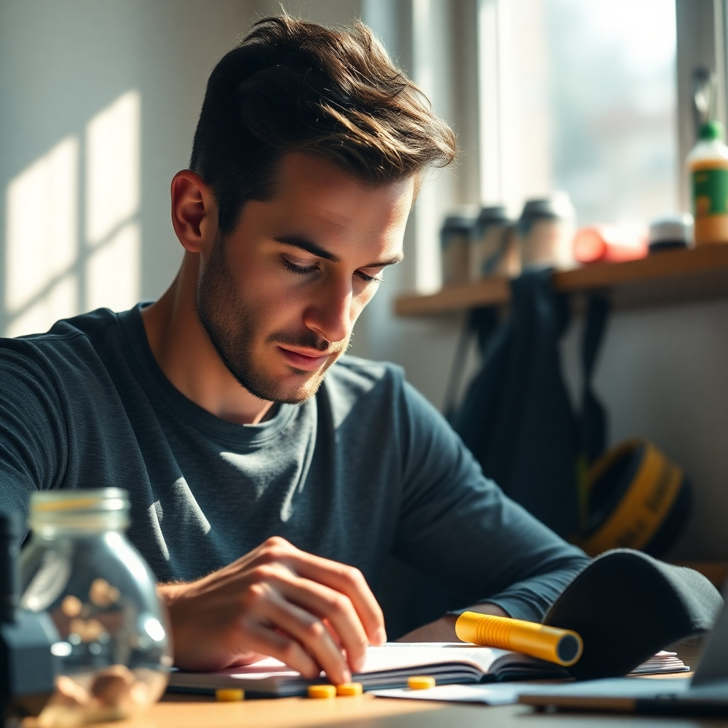 A close-up of a man with a focused expression, studying or working at a desk surrounded by fitness gear and healthy snacks. Sunlight streams through a window, highlighting his concentration and the balance between physical and mental performance.