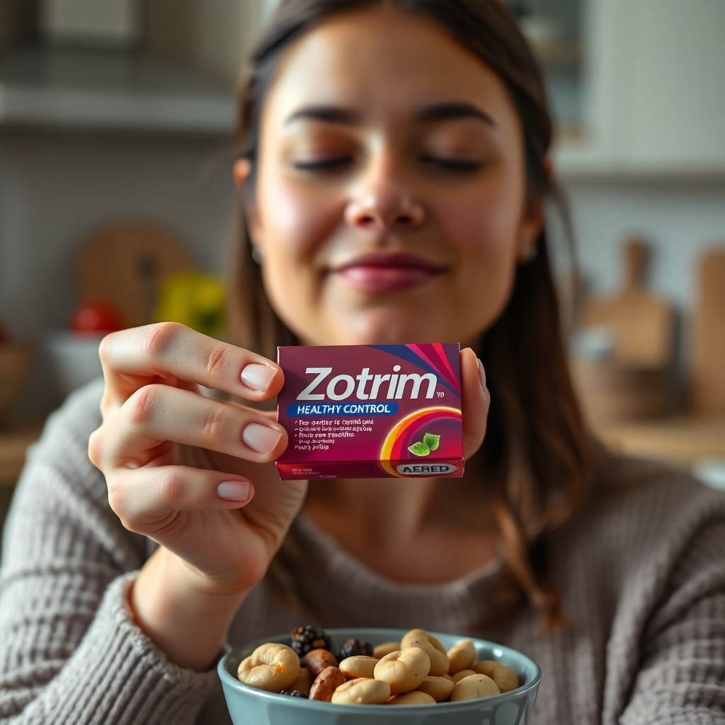  A close-up of a person holding a small Zotrim box with a serene expression, surrounded by healthy snacks like fruits and nuts, symbolizing appetite control. Soft, natural lighting enhances a calm kitchen environment.