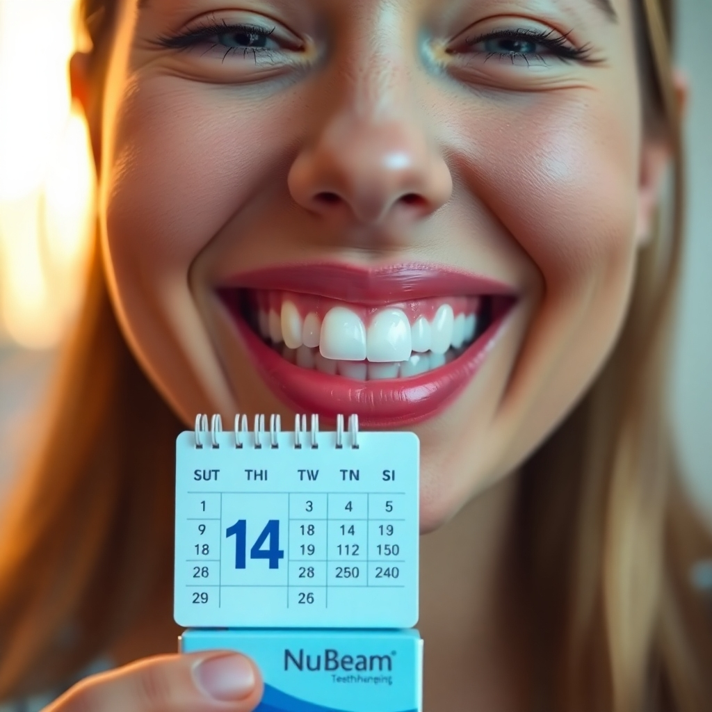 A close-up of a smiling person showcasing bright white teeth, contrasting with a calendar marked with 14 days. The background should be softly lit to emphasize the radiant smile. Include the NuBeam teeth whitening kit in the foreground.