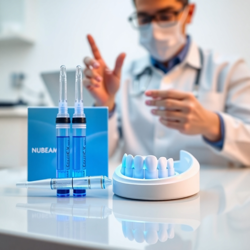 A close-up of the NuBeam teeth whitening kit, displaying the gel syringes and LED mouthpiece, placed on a pristine white surface. In the background, a dental professional evaluates the products, emphasizing the safety and professionalism of the ingredients used.