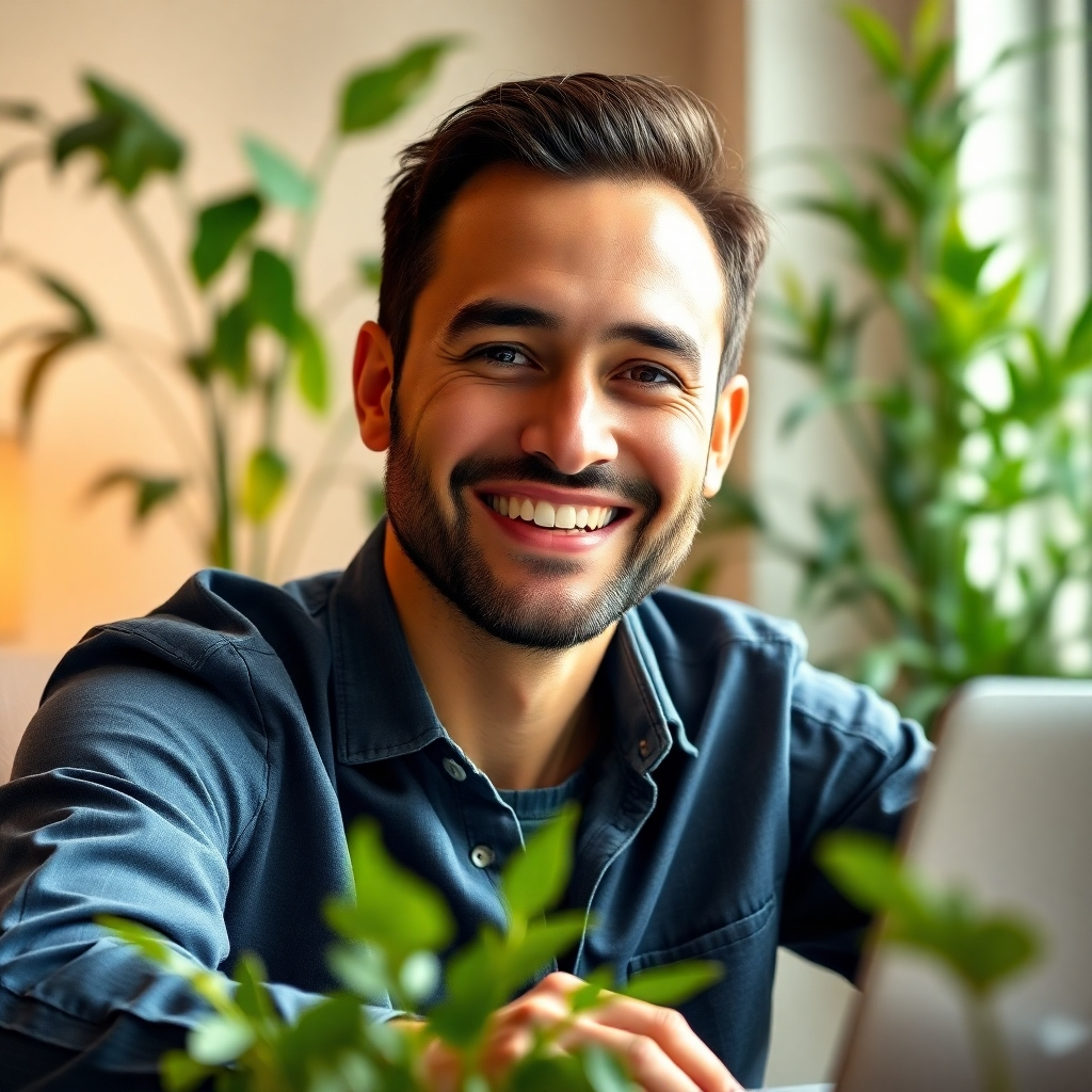 A close-up portrait of a man smiling confidently, seated at a desk with a laptop and green plants around him, reflecting a healthy work-life balance. The lighting is warm, suggesting a positive and uplifting environment, indicative of enhanced mood and mental clarity.