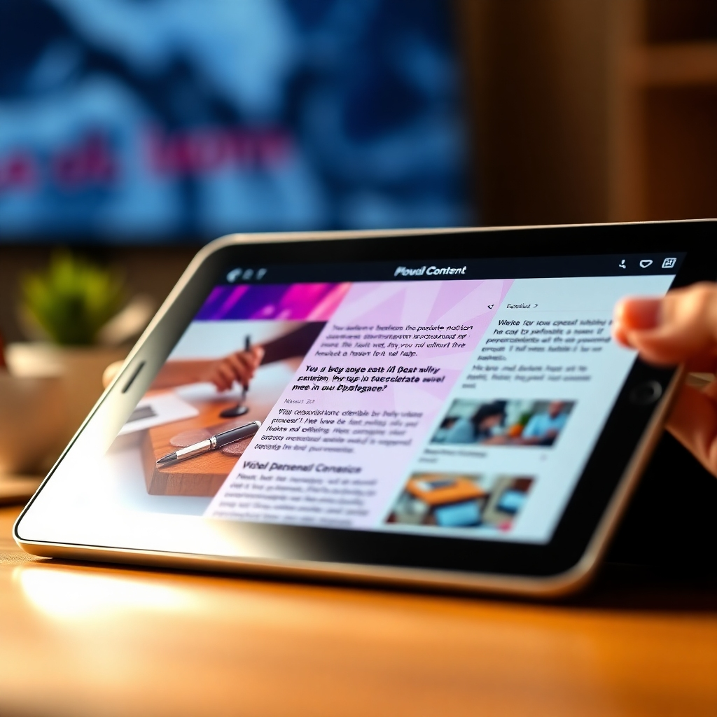 A close-up shot of a tablet displaying engaging and visually stunning content generated by Inkflow's AI.  Focus on the content's visual appeal and readability.  Use a shallow depth of field and warm lighting. High-quality 4K resolution, emphasizing the vibrancy of the content.