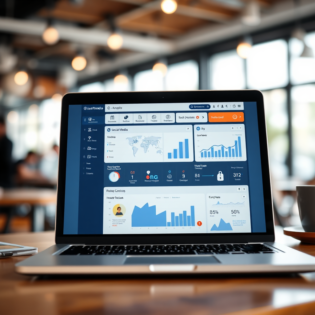 A close-up shot of a user-friendly social media dashboard displayed on a laptop screen. The dashboard features clear and intuitive icons, charts, and graphs. The background is a blurred coffee shop environment with soft lighting. The color palette is clean and modern, with a focus on blues and whites. Camera angle: slightly above and to the side, focusing on the screen. The image should convey ease of use and accessibility.