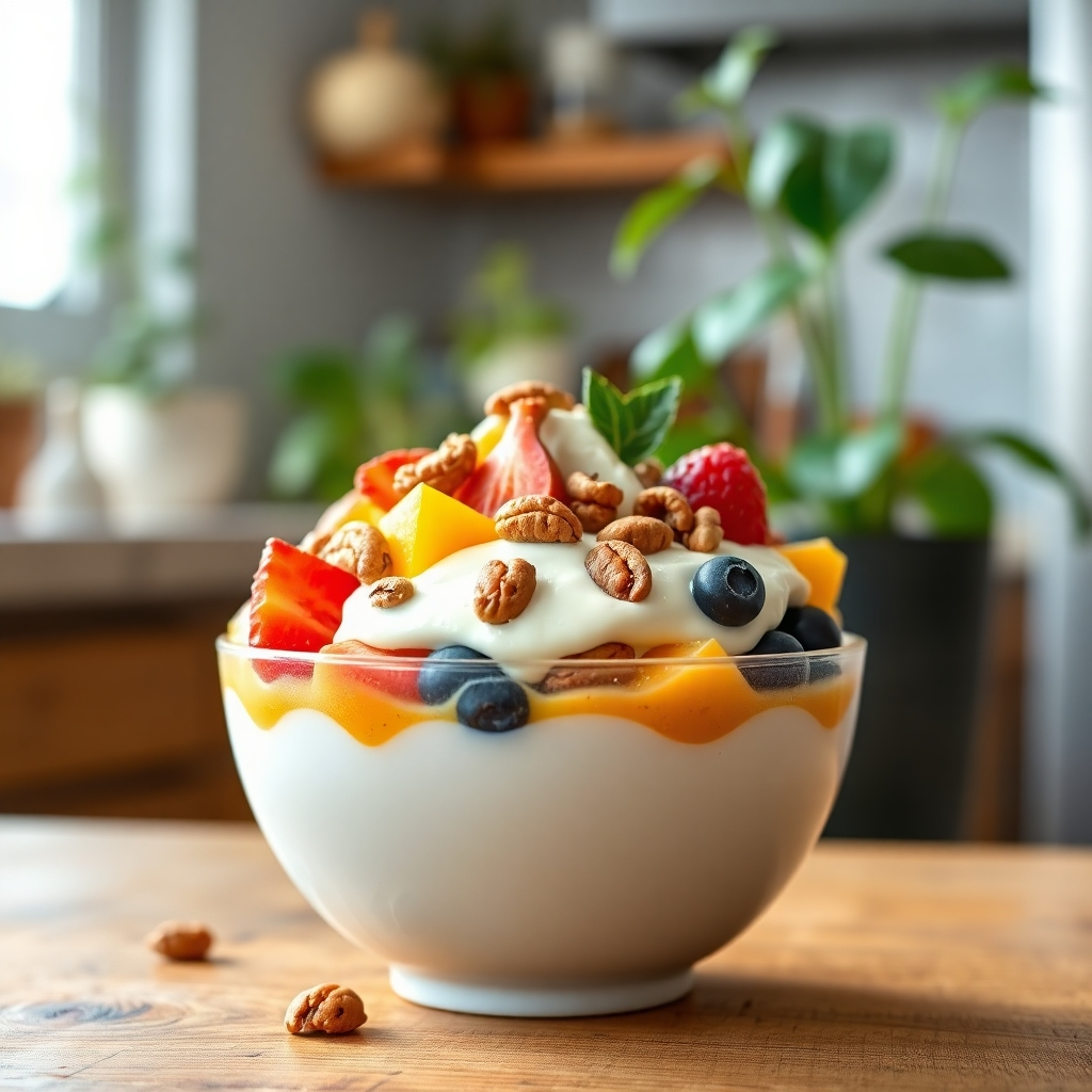 A close-up shot of a vibrant, colorful bowl of fresh probiotic-rich yogurt topped with fruits and nuts, placed on a wooden table. The background shows a clean kitchen setting with plants, emphasizing health, vitality, and digestion.