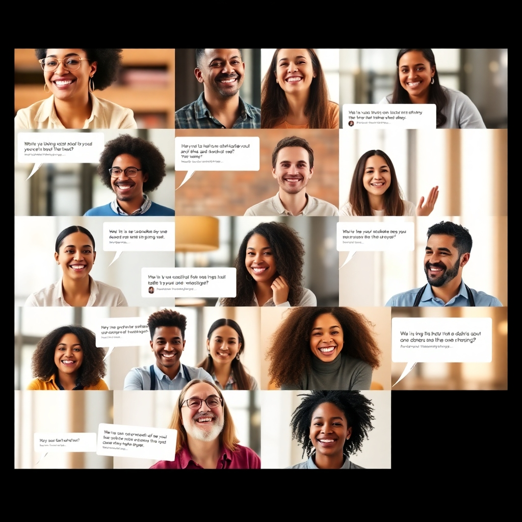 A collage of photorealistic images showcasing diverse customers smiling and giving positive feedback about Advertmate. The images feature different ethnicities, ages, and backgrounds, representing the wide range of Advertmate's user base. The overall composition is warm and inviting, creating a sense of trust and credibility. The camera angle is a medium shot, capturing the expressions and emotions of the customers. Style: Authentic, relatable. Technical specs: 4K resolution, high quality.