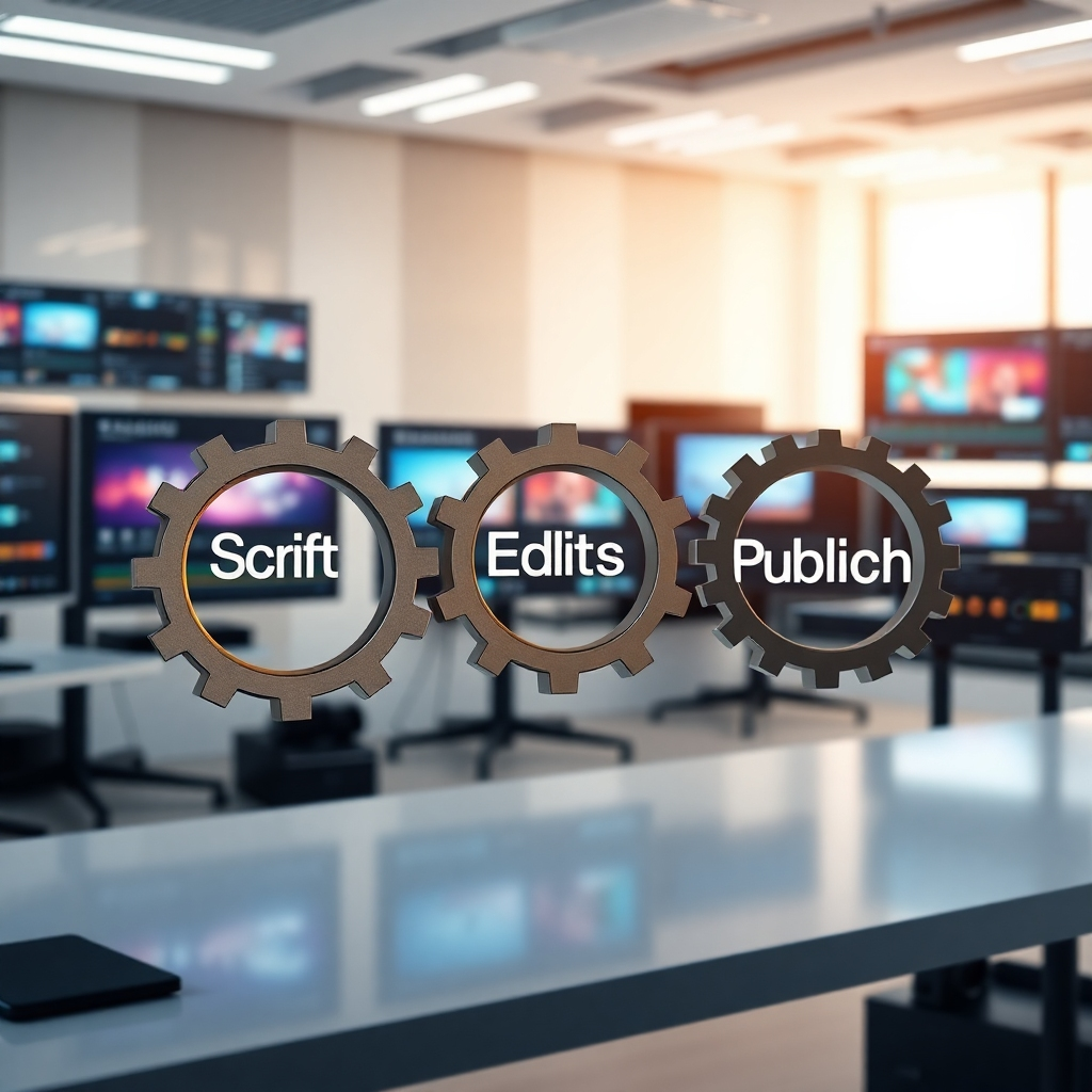 A conceptual image illustrating a smooth workflow, depicting a series of interconnected gears, with labels like 'Script', 'Edit', 'Publish' on each gear. The background should be a bright, modern workspace, filled with digital screens showing video editing timelines.