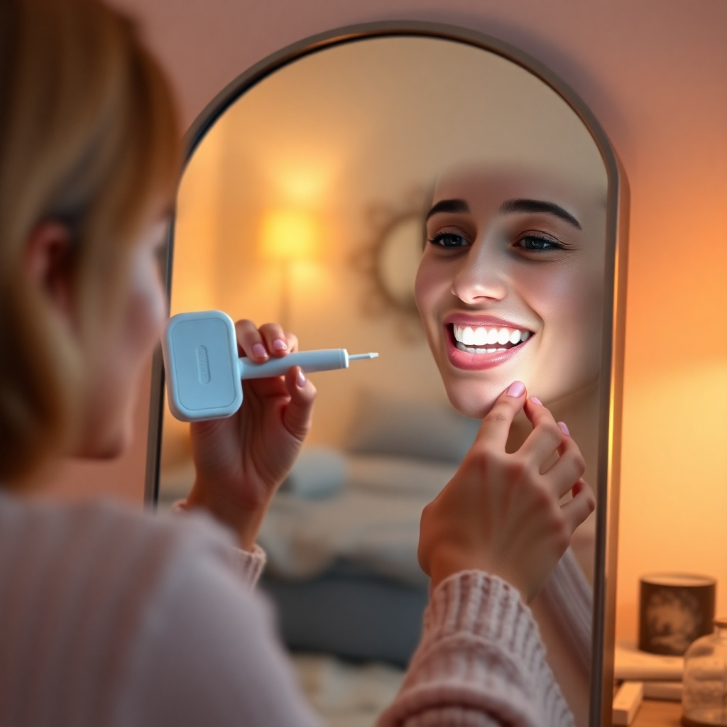 A cozy home setting with a person using the NuBeam teeth whitening kit in front of a mirror. Capture the ambiance of relaxation, with warm lighting and a serene atmosphere that emphasizes home comfort.