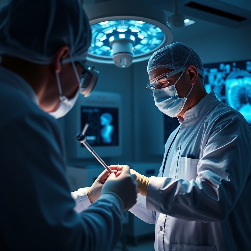 A detailed image showing a non-vascular interventional radiology procedure in action, with a physician using advanced imaging technology to guide a catheter. The scene should convey a sense of precision and modern medical techniques in a sterile environment.