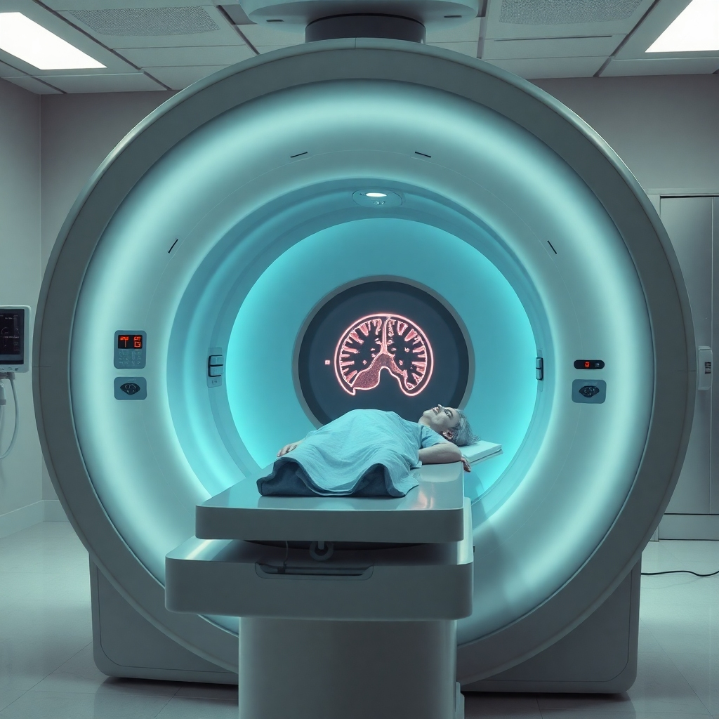 A detailed, photorealistic image of a modern MRI machine in a hospital environment, with a patient lying inside the scanner. The image should capture the interior of the MRI chamber, highlighting the magnetic coils and advanced technology.