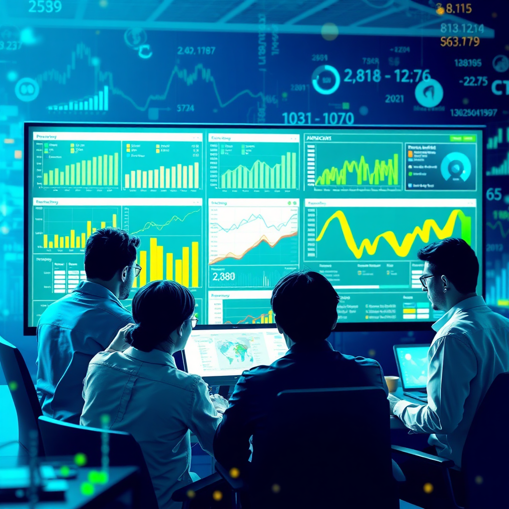 A detailed visual capturing a team analyzing performance metrics on advanced analytics software, surrounded by graphs and data visualizations. The atmosphere is dynamic and energetic, with blue and green tones, reflecting the high-tech focus on data-driven decisions.