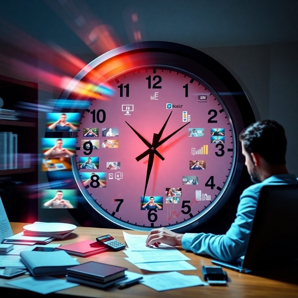 A dynamic image of a clock with fast-moving hands, symbolizing speed, overlaying vibrant thumbnails of video courses being developed, with a person working at a desk surrounded by notes and ideas, emphasizing efficiency in video creation.