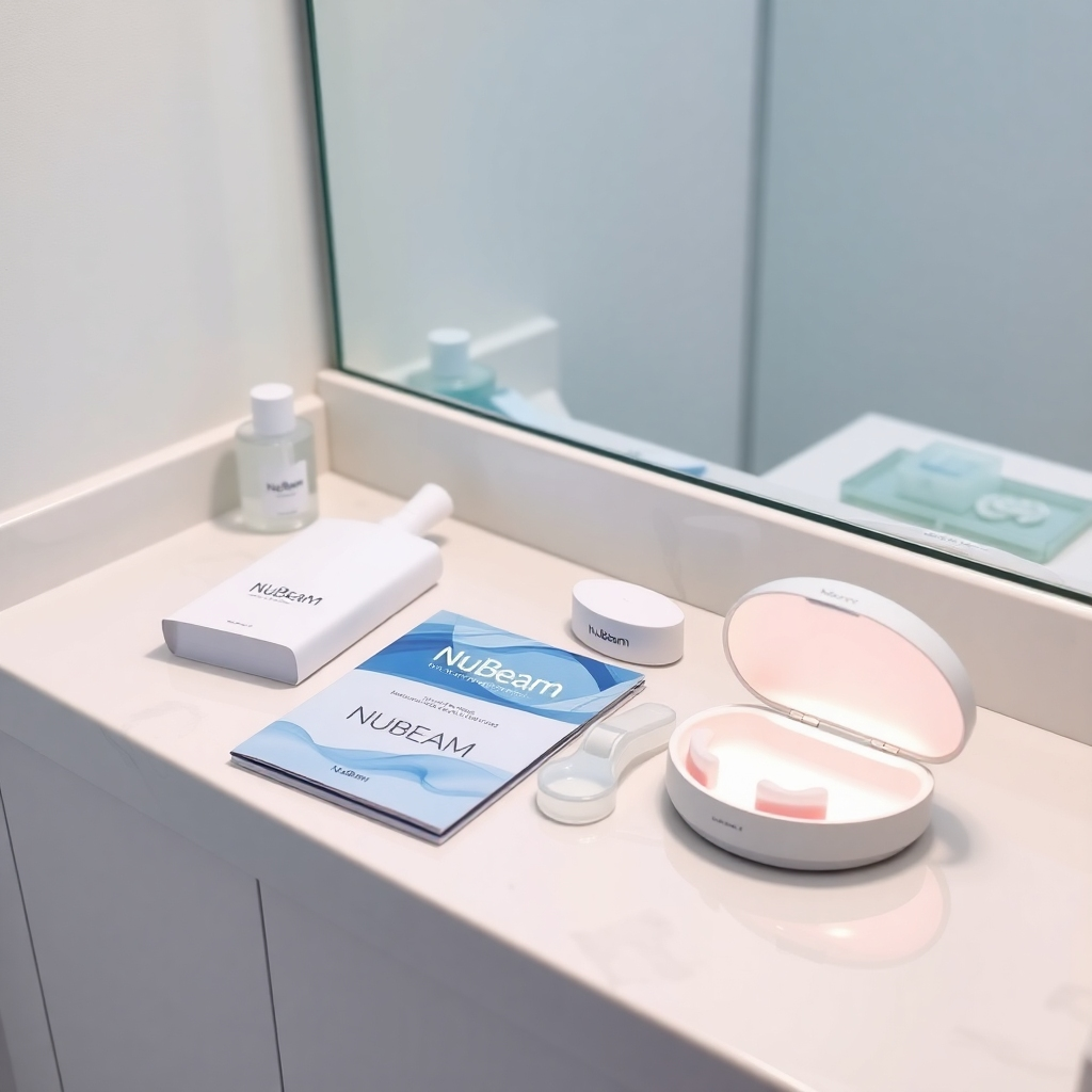 A flat lay image showcasing the NuBeam teeth whitening kit components arranged neatly on a stylish bathroom countertop. Include an instructional booklet, a LED whitening light, and application trays. The setting should be bright and organized, reflecting simplicity and usability.