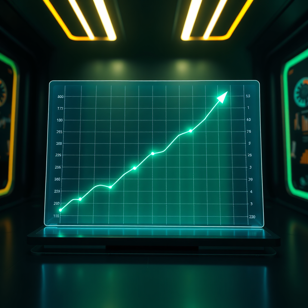 A graph showing a significant upward trend, representing the positive results achieved through BuzzAgentsAI. The graph is displayed on a holographic screen, with data points lighting up as the line increases. The background is a dark, futuristic room with subtle lighting. The color palette is primarily greens and blues, with highlights of gold and white. Camera angle: straight on, focusing on the graph. The image should convey success and growth.