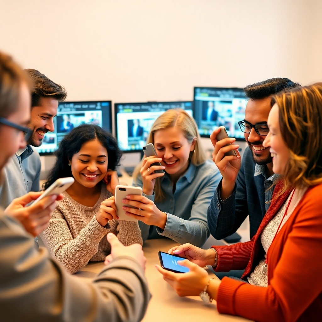 A group of people actively interacting with various pieces of content on their smartphones, tablets, and computers. Emphasize the positive emotions conveyed. High-quality 4K resolution, a warm color palette.