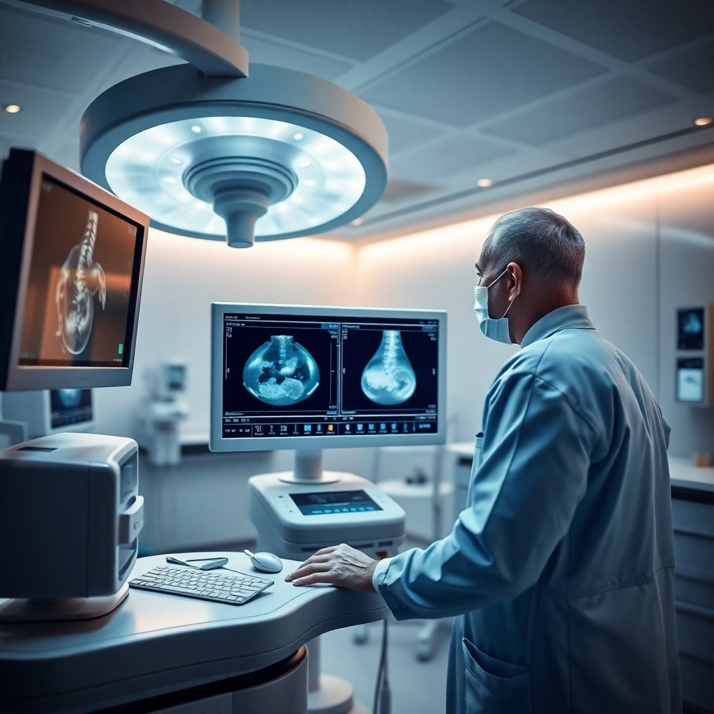 A high-resolution, photorealistic image of an advanced ultrasound machine in a clinical setting, with a doctor analyzing ultrasound images of a patient's abdomen. The room should be well-lit and sterile, showcasing medical equipment and monitors.