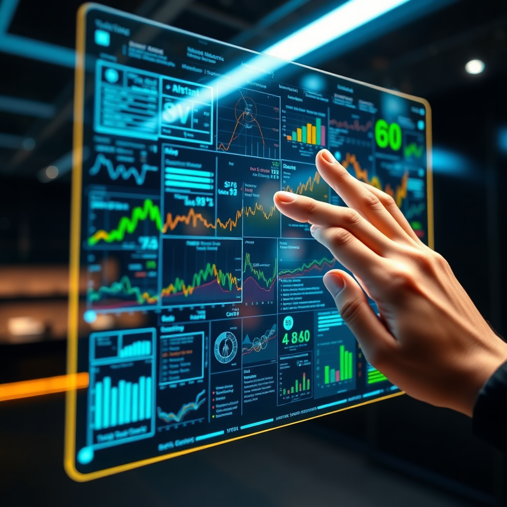 A holographic display showing a complex network of data points and charts, with a person's hand interacting with the display. The data points are color-coded to represent different metrics and insights. The background is a dark, futuristic room with subtle lighting. The color palette is primarily blues and greens, with highlights of orange and yellow. Camera angle: close-up, focusing on the hand and the display. The image should convey data analysis and informed decision-making.