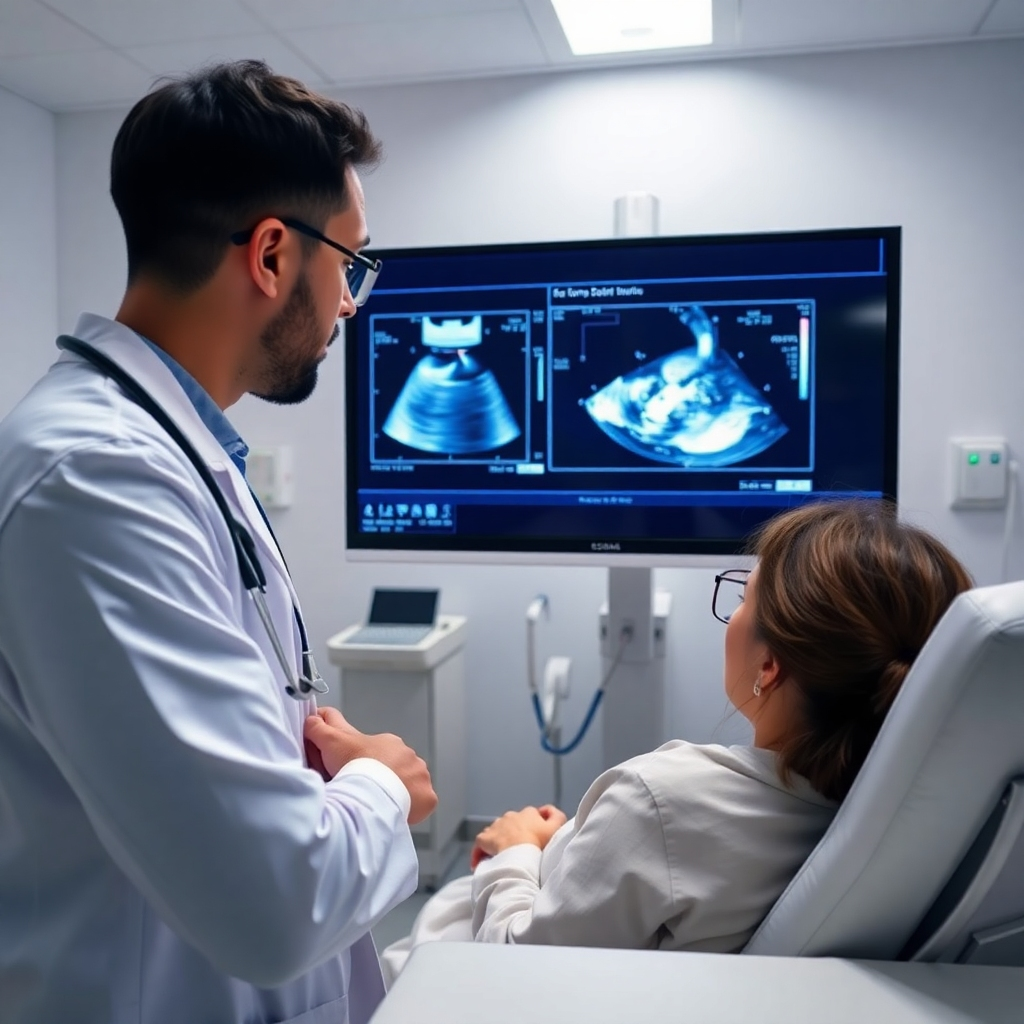 A medical professional in a modern clinic observing a real-time ultrasound scan on a high-definition screen, with a patient situated comfortably. Emphasize the interaction between the doctor and the technology, demonstrating immediate analysis and care.