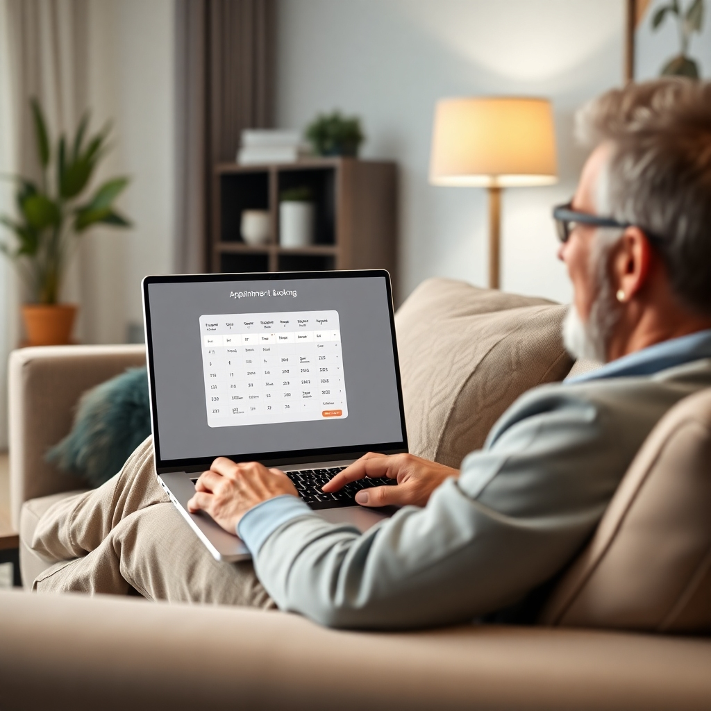 A modern and user-friendly online appointment booking interface on a laptop screen, displayed in a cozy home setting with comfortable furniture. The screen shows a calendar and booking options, while a patient sits relaxed on a couch, smiling at the ease of the process.
