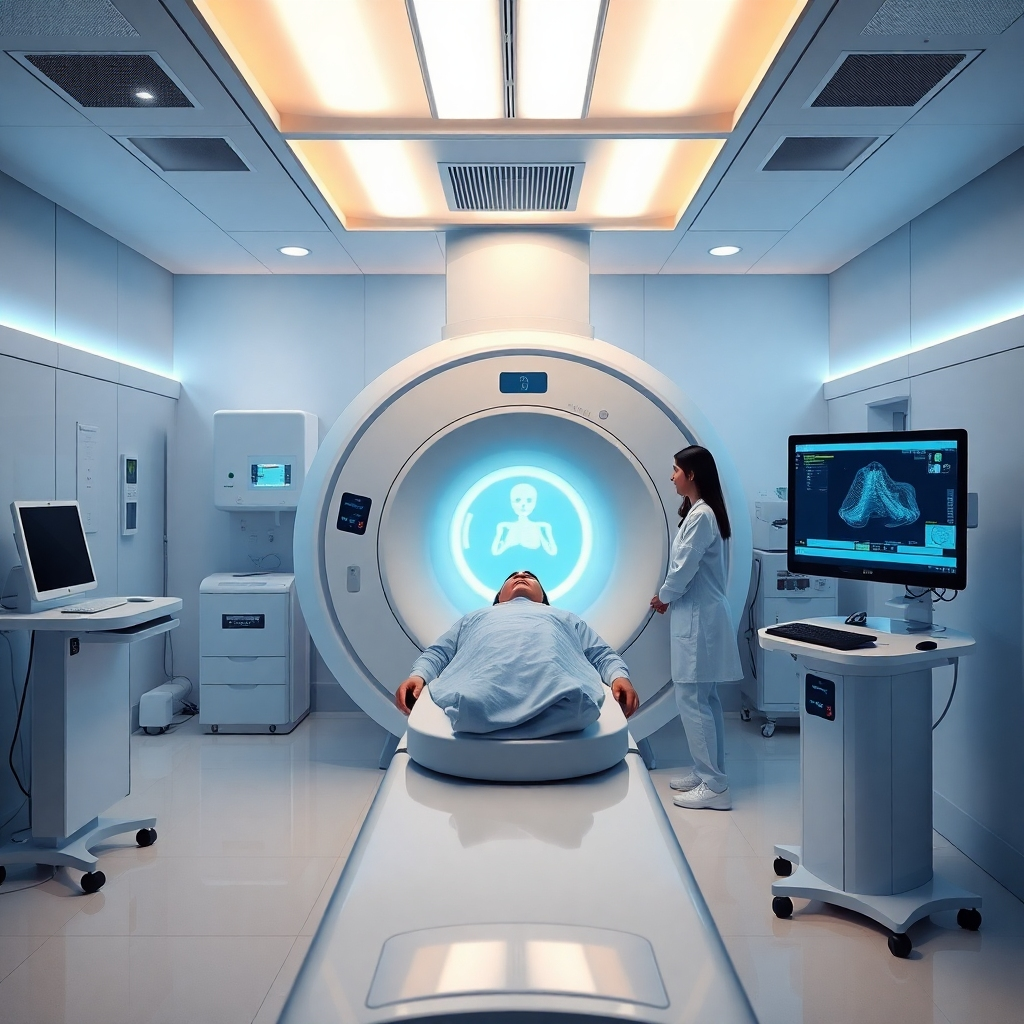 A modern diagnostic scan center with advanced MRI and ultrasound machines, displaying a patient undergoing a scan. The environment should be bright and welcoming, with healthcare professionals attentively monitoring the process, capturing the essence of advanced medical technology.