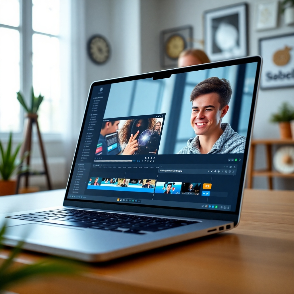 A modern, user-friendly software interface displayed on a laptop screen showing video editing features, with vibrant graphics and a person smiling, showcasing creativity and ease of use, in a bright, well-lit room filled with inspirational decor.