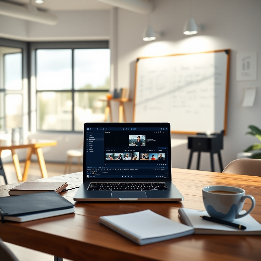 A modern workspace featuring a laptop with the CourseReel interface on the screen, showing video editing tools and a timeline. Include notebooks, coffee, and a whiteboard filled with creative ideas in a bright, welcoming environment.