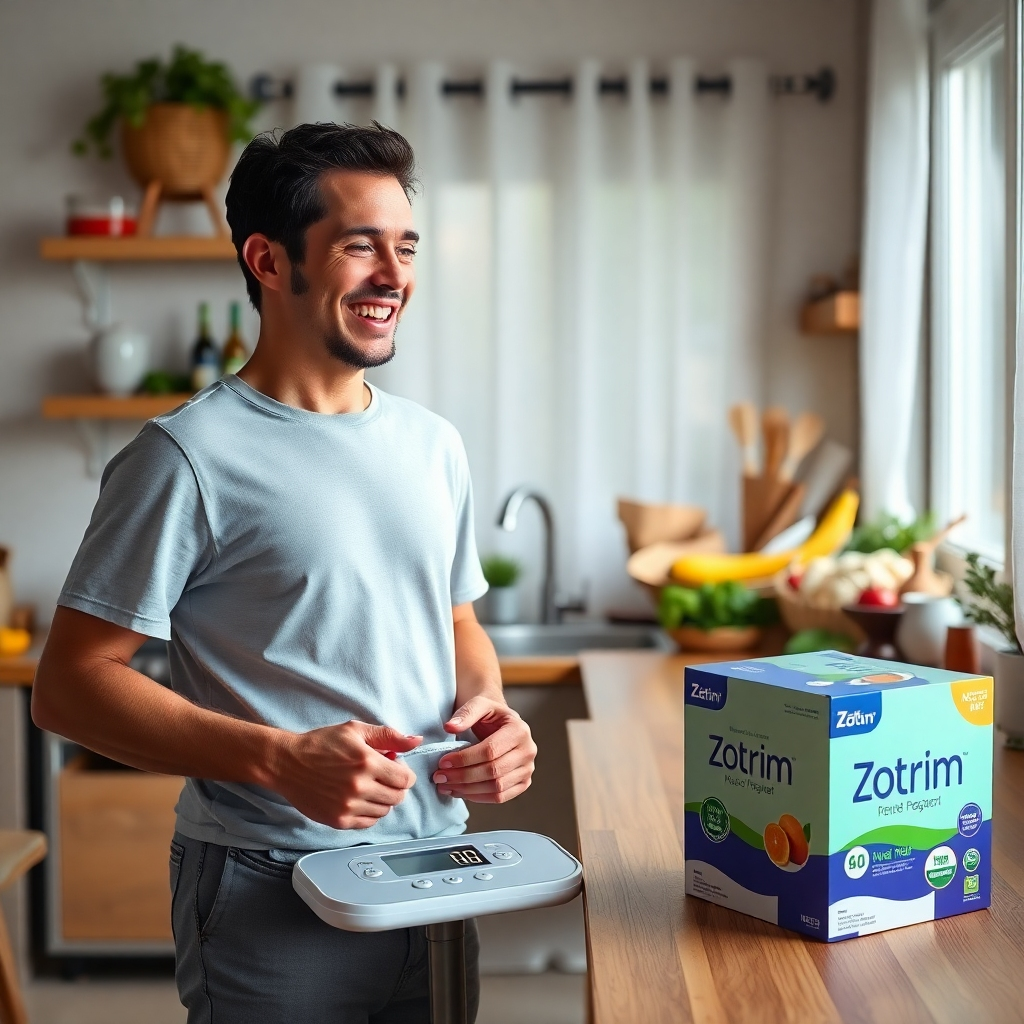 A peaceful home setting featuring a happy individual weighing themselves on a scale, smiling at the positive result. The scene includes a meal prep area with healthy foods and a Zotrim box prominently displayed, symbolizing a sustainable lifestyle.
