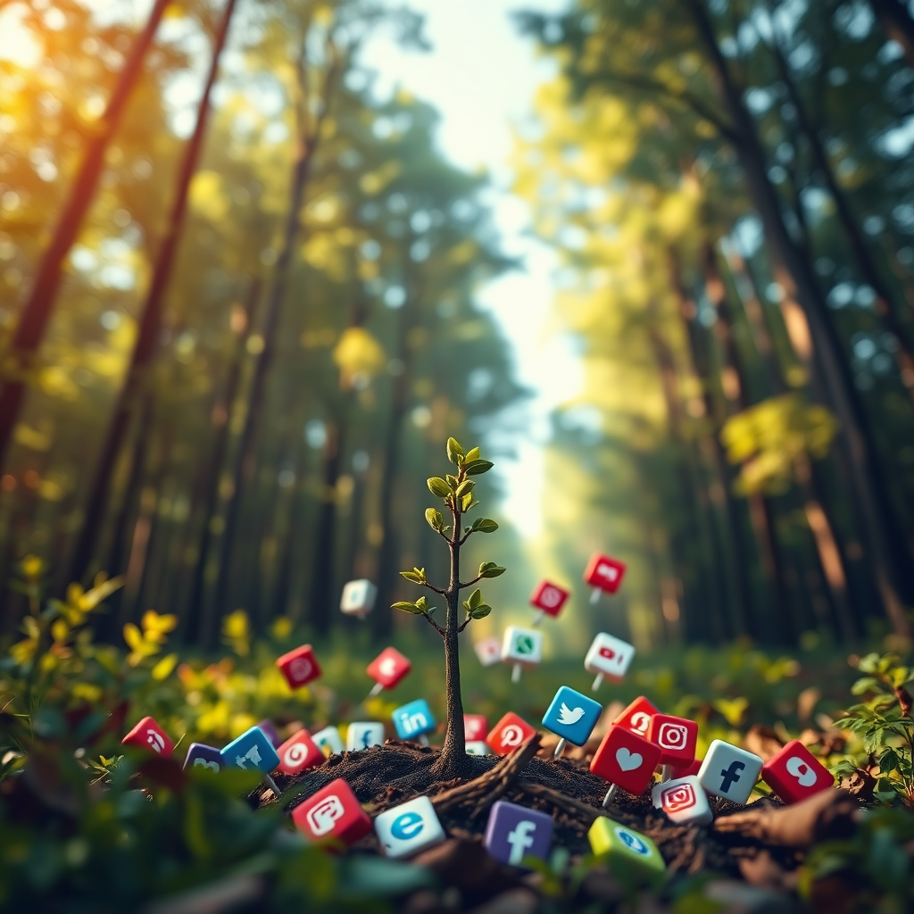 A photorealistic depiction of a small sapling growing into a towering tree surrounded by social media icons, symbolizing the growth of a business using BuzzAgents AI. The background is a lush, vibrant forest. The lighting is warm and natural. The color palette is predominantly green and brown. The camera angle is from a low perspective, emphasizing the tree's height and growth.