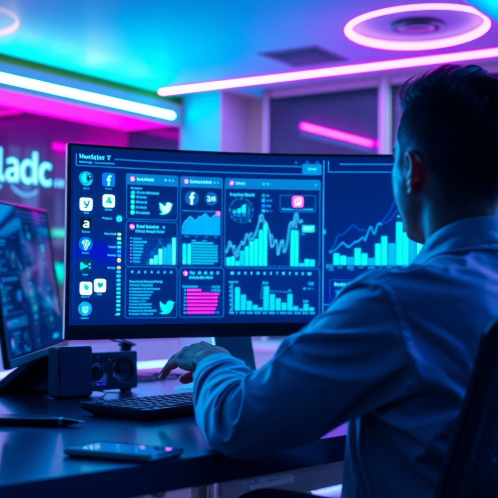 A photorealistic header image that captures the essence of BuzzAgents AI, showcasing a sleek, futuristic digital interface with AI elements. The composition includes a vibrant workspace, integrating social media icons and analytics graphs in the background, illuminated by soft yet striking neon lighting. The color palette features blues, purples, and greens to evoke creativity and innovation. The image should be taken from a slightly angled perspective, focusing on a user engaging with the platform on a high-resolution screen. Textures should be smooth and ultra-modern, reflecting a tech-savvy environment. This hyperrealistic image should be in 8K resolution, aiming to visually symbolize an advanced, efficient, and innovative approach to social media marketing.