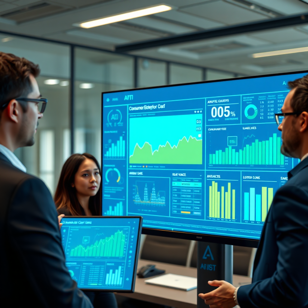 A photorealistic image depicting a powerful AI interface displaying analytics and consumer behavior data, set against a backdrop of a sleek modern office. The lighting is soft yet clear, highlighting the interface details with a primarily blue and green color palette. The camera angle captures close-up details of the AI screen alongside professionals discussing results. The texture of the digital screens should be bright and crisp, reflecting high-tech capabilities.