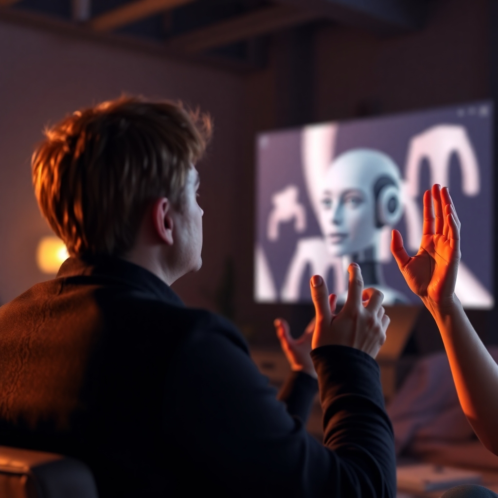 A photorealistic image depicting a viewer actively engaged with a video featuring an AI avatar. High-quality rendering, warm lighting, showcasing the realistic appearance of the AI and the viewer's enthusiastic expression. Style should be modern and relatable.