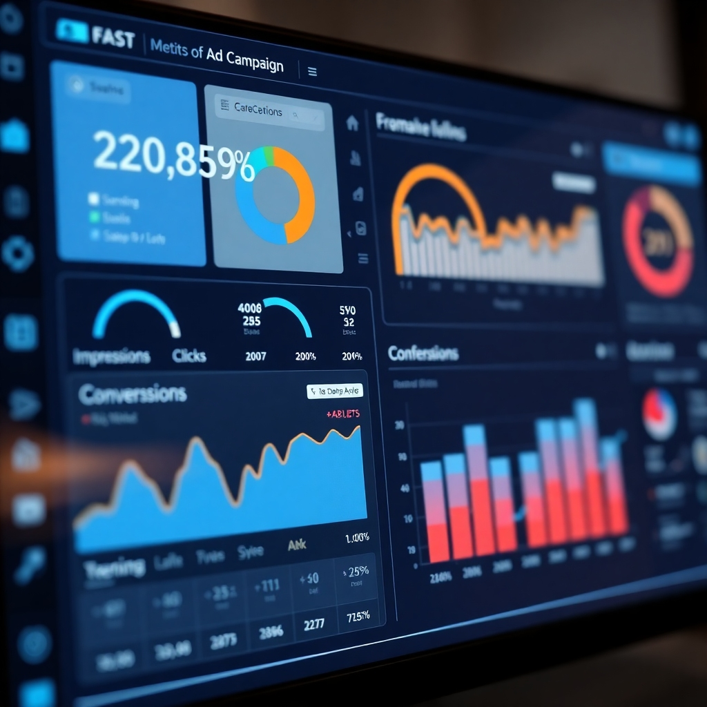 A photorealistic image of a dashboard displaying real-time ad campaign performance metrics. The dashboard features clear and intuitive visualizations of key data points, such as impressions, clicks, conversions, and ROI. The design is clean and modern, with a focus on usability and accessibility. The lighting is soft and diffused, reducing glare and eye strain. The camera angle is a close-up shot of the dashboard, highlighting the key data points and features. Style: Modern, UI/UX focused. Technical specs: 4K resolution, high quality.