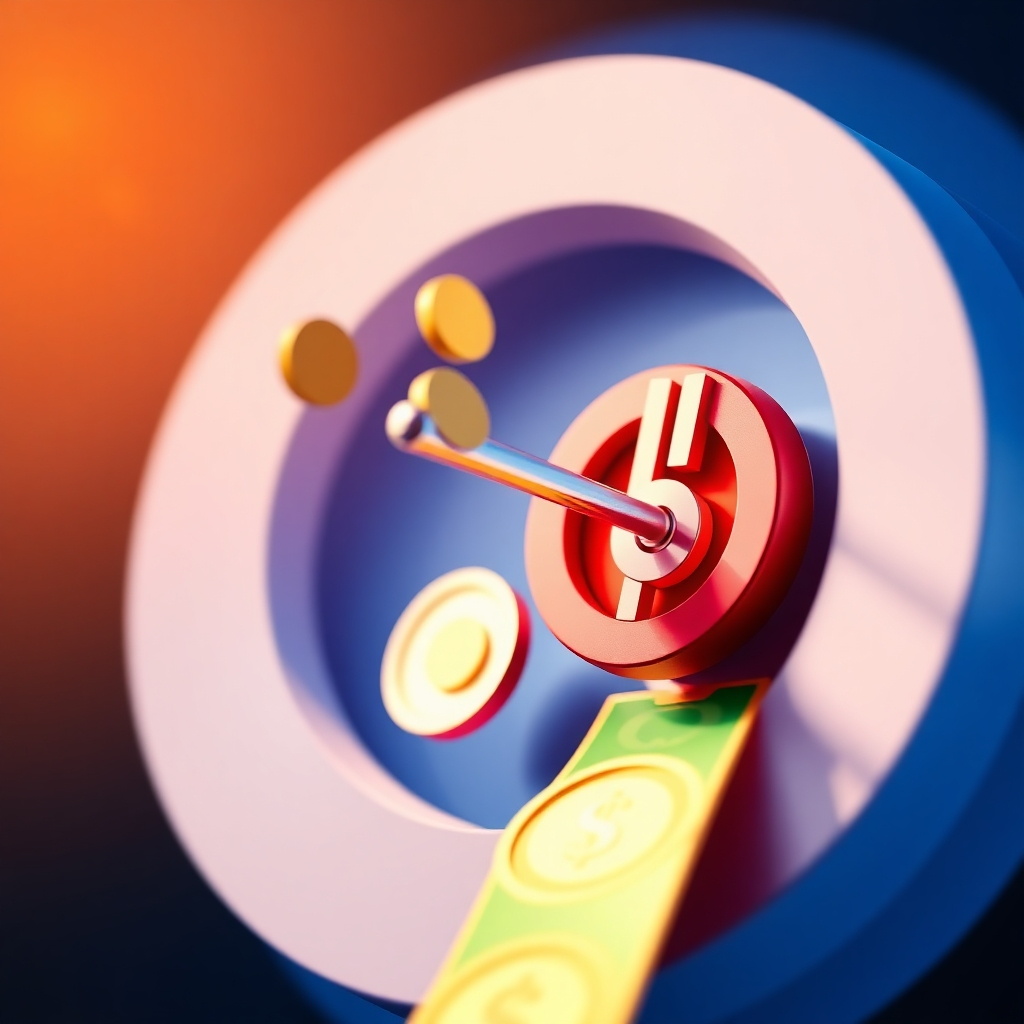 A photorealistic image of a digital currency flowing into a target symbol, symbolizing optimized ad spend. The currency is represented by stylized coins and bills, with a focus on value and return on investment. The target symbol is clean and modern, with a focus on precision and accuracy. The overall color palette is vibrant and energetic, evoking a sense of progress and success. The camera angle is a close-up shot of the currency flowing into the target symbol, highlighting the concept of optimization. Technical specs: 4K resolution, high quality.