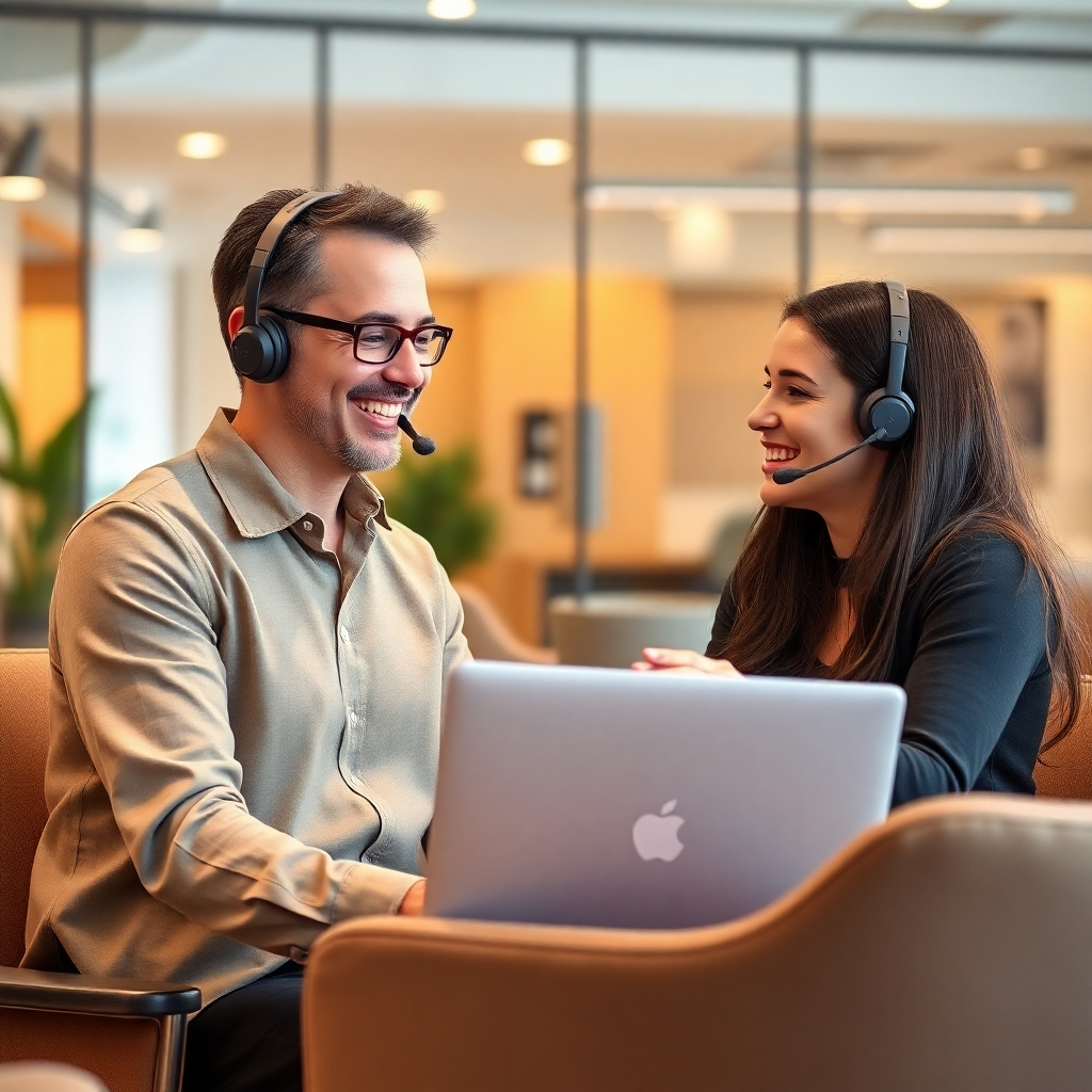A photorealistic image of a friendly customer support agent assisting a user with their ad campaign. The agent is smiling and engaged, providing helpful and informative guidance. The setting is a modern office environment, with comfortable chairs and a relaxed atmosphere. The lighting is warm and inviting, creating a sense of trust and collaboration. The camera angle is a medium shot, capturing the interaction between the agent and the user. Style: Modern, corporate with a focus on customer service. Technical specs: 4K resolution, high quality.